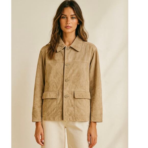 Vintage Jackets & Blazers - Y2K Ruff Hewn Tan Suede Leather Oversized Jacket Medium 90s Minimalist Chic